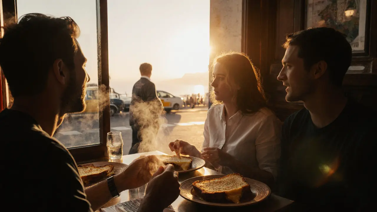 24-hour bistro at dawn serving grilled cheese to a group of tired revelers as sunrise lights the room.