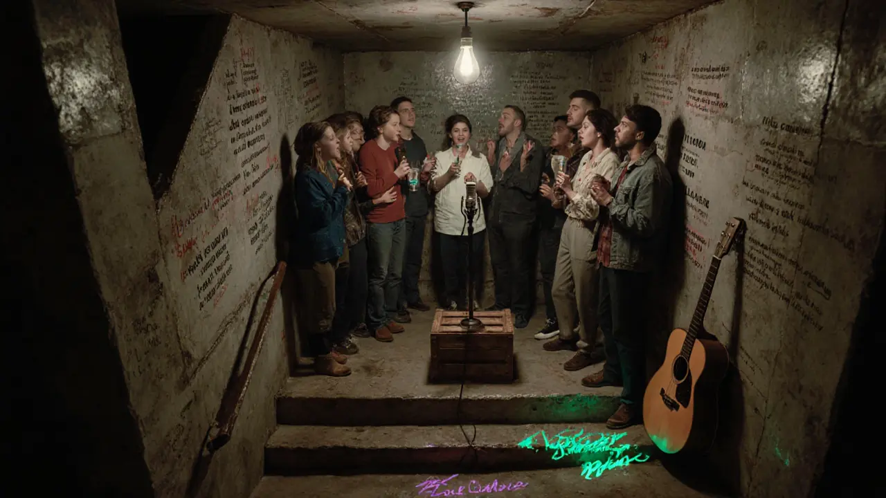 A basement karaoke shelter with handwritten lyrics on walls, people singing under a single bulb.