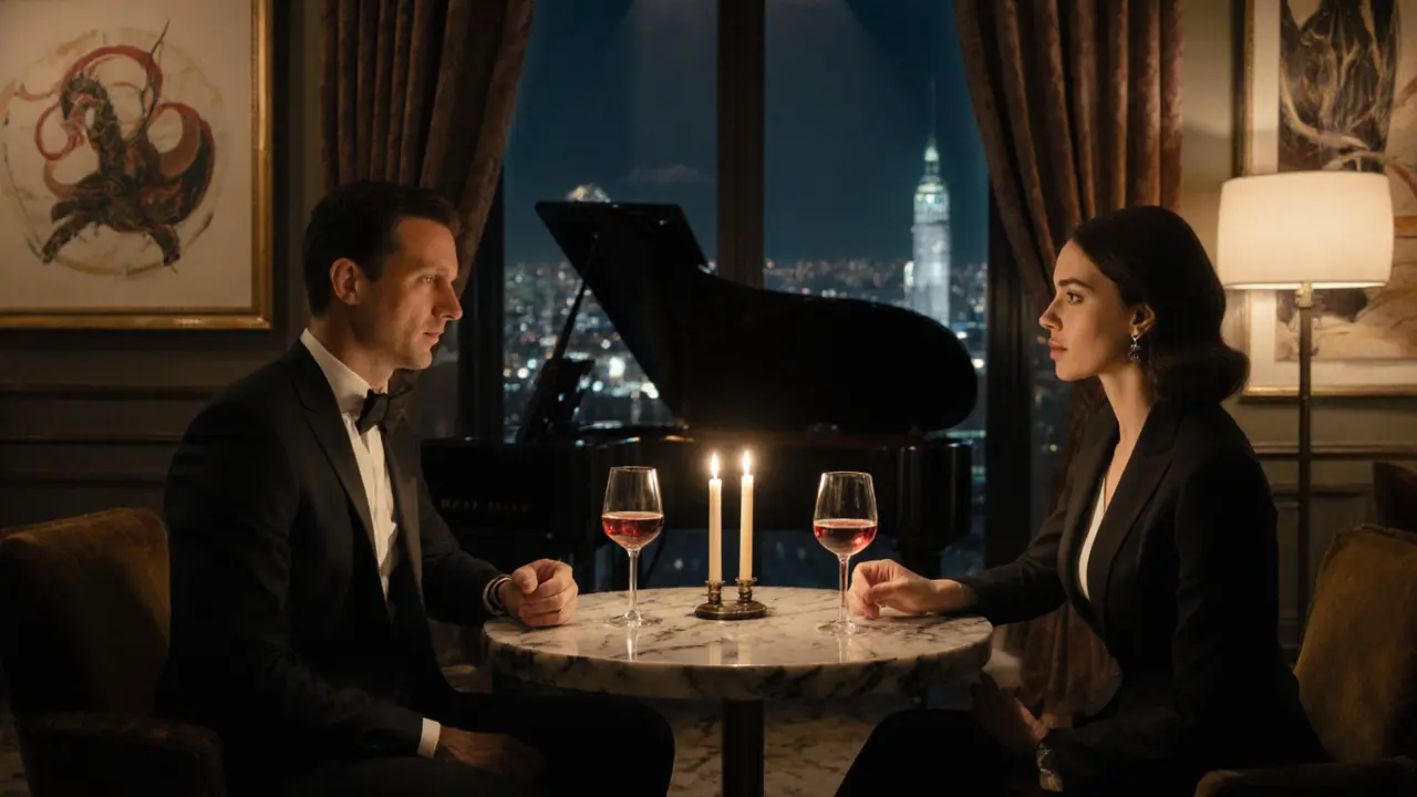 A client and companion share a quiet moment in a luxury hotel lounge with candlelight and city views.