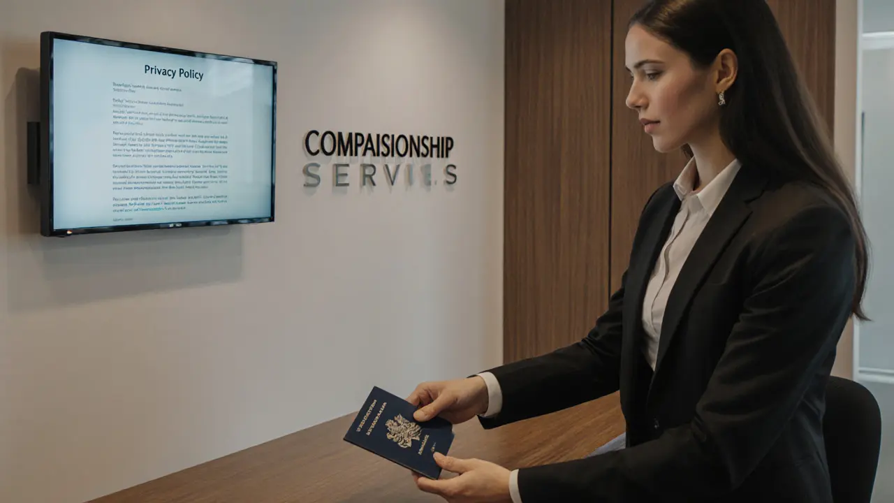 A client verifying identity at a professional companionship agency office in Dubai.