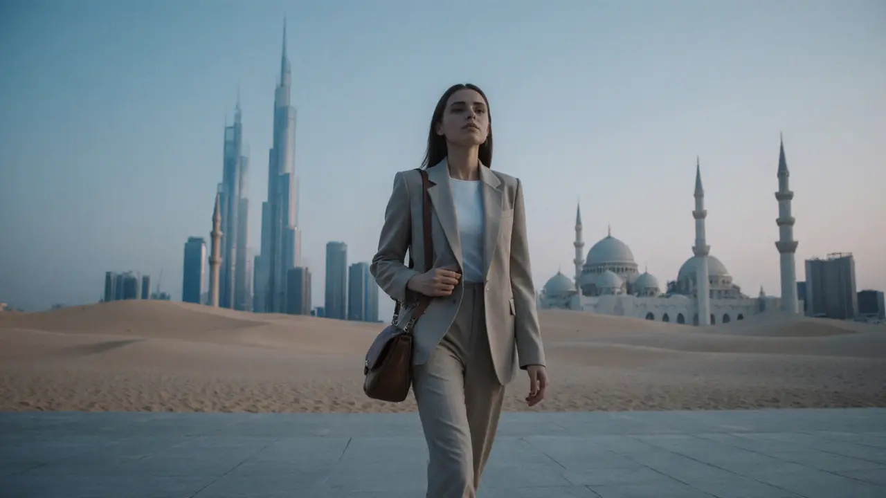 A confident woman walking alone through a peaceful Abu Dhabi courtyard at dawn.