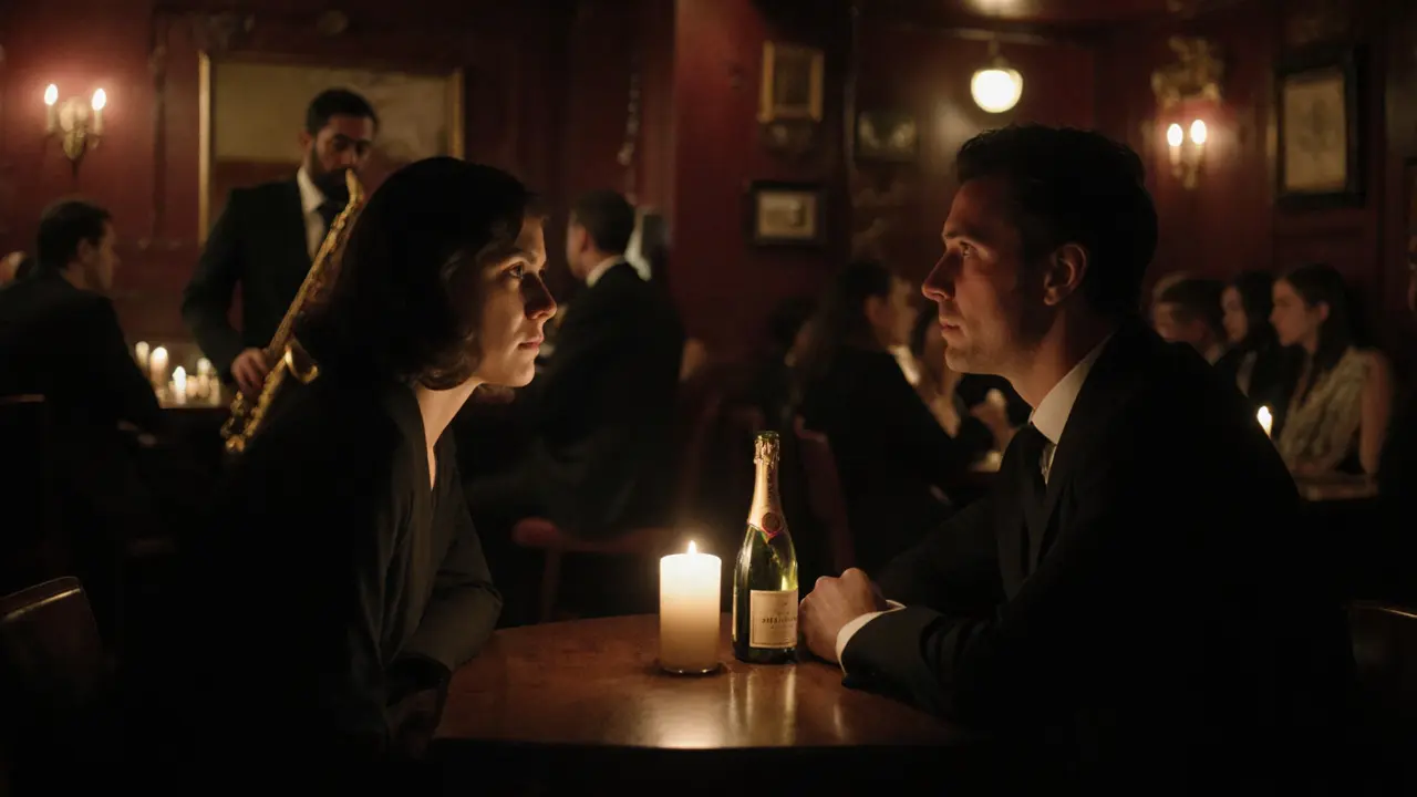 A couple enjoys a quiet jazz night in a dimly lit Parisian basement bar, candlelight illuminating their faces.