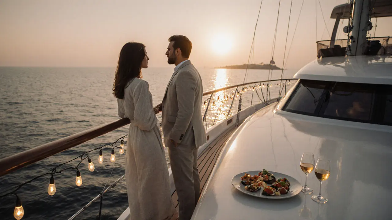 A couple on a private yacht at sunset, standing near the rail as the Gulf glows behind them, serene and discreet.