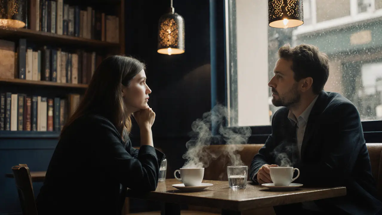 A couple sharing tea in a cozy Covent Garden café during a light rain.