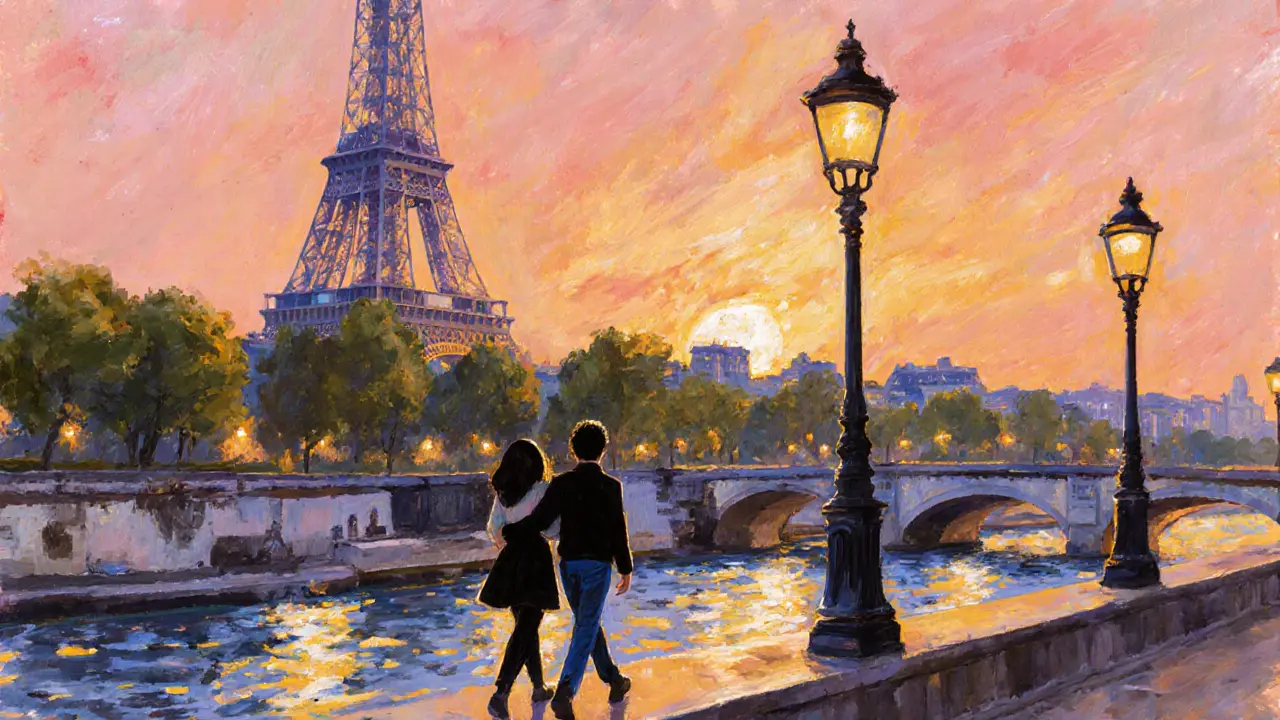 A couple walking along the Seine at sunset with the Eiffel Tower glowing in the distance.