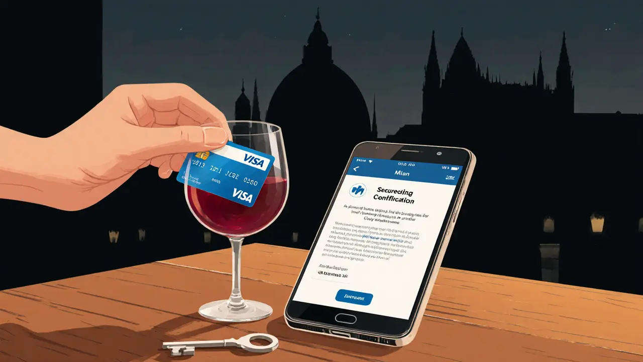 A credit card and wine glass on a wooden table with a secure booking screen and key, symbolizing safe, professional companionship.