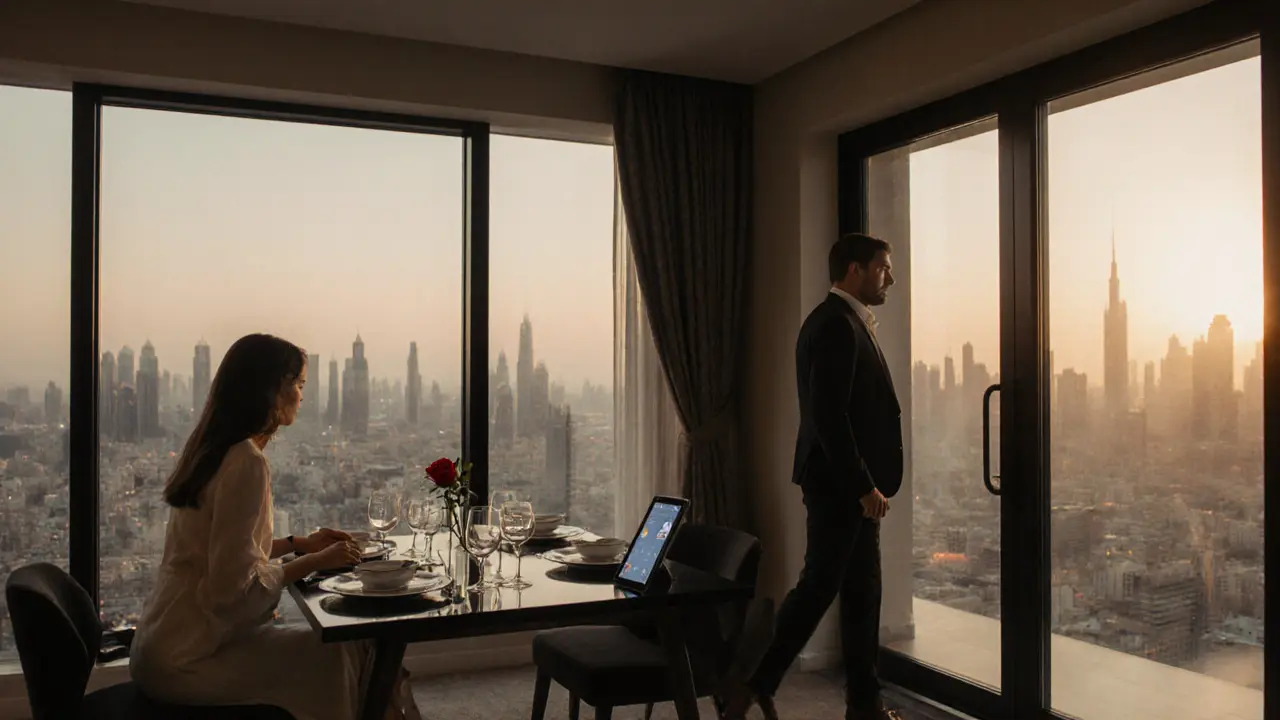 A culturally intimate dinner setting in a private Abu Dhabi apartment, with fine dining and city views at dusk.