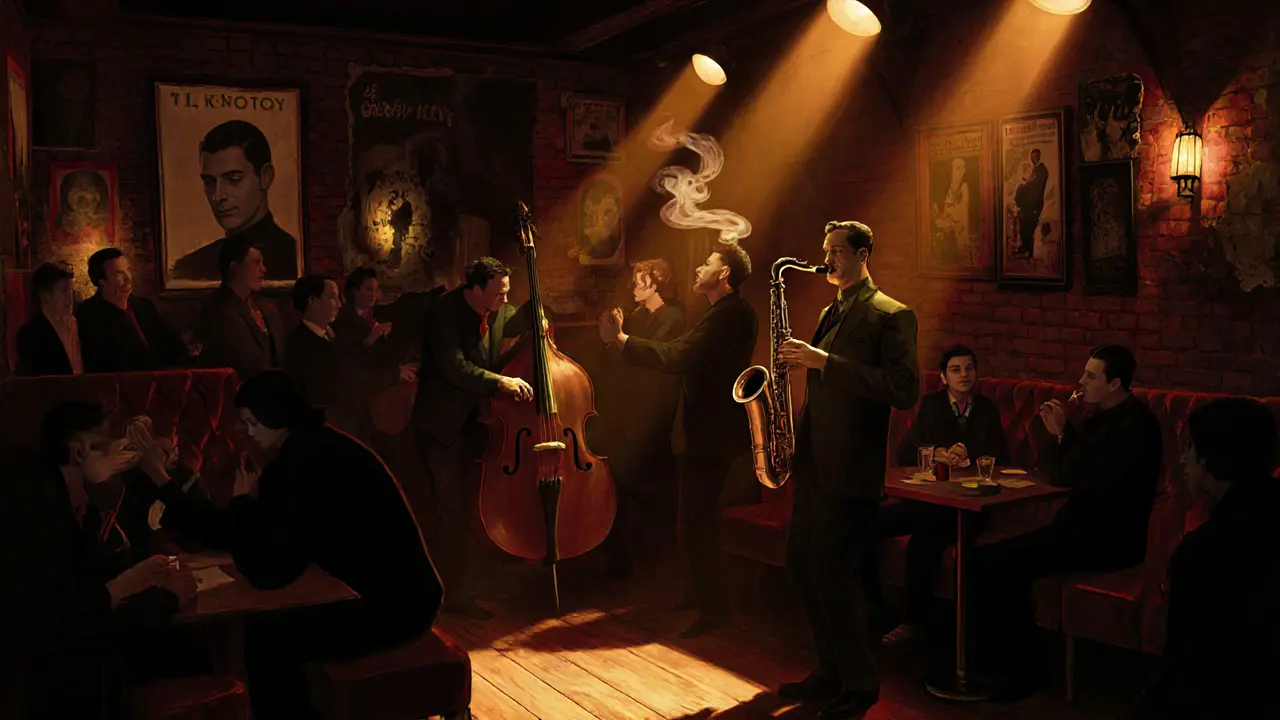A dim jazz club in Montmartre with musicians playing under golden lights, patrons swaying in the shadows.