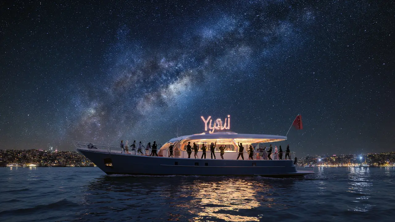 A floating nightclub on a yacht under a starry sky, dancing silhouettes on deck beside the Bosphorus.