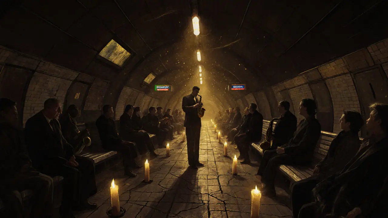 A forgotten London tube station at night, lit by candles, with a saxophonist playing jazz.