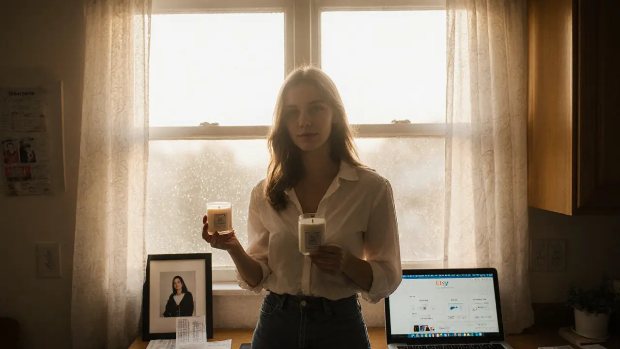 A former escort stands before her handmade candle shop window at sunrise.