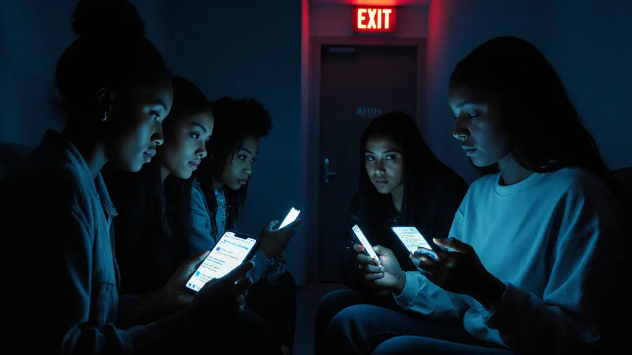 A group of women in a quiet room, sharing safety tips via encrypted messages on their phones.