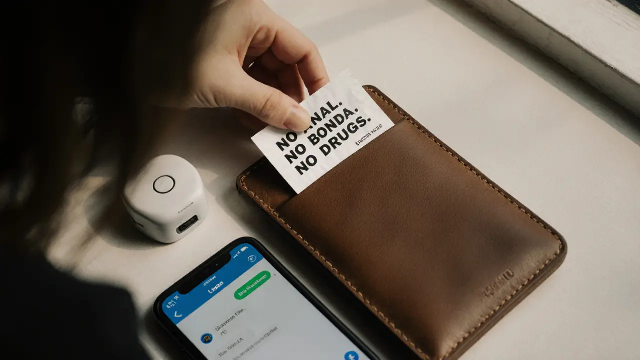 A hand placing a boundary card and personal alarm into a purse beside a phone with a safety app open.