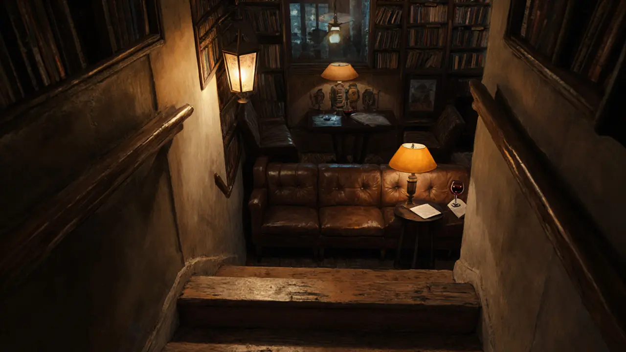 A hidden jazz bar above a bookstore in Beyoğlu, lit by warm lamps and filled with quiet atmosphere.