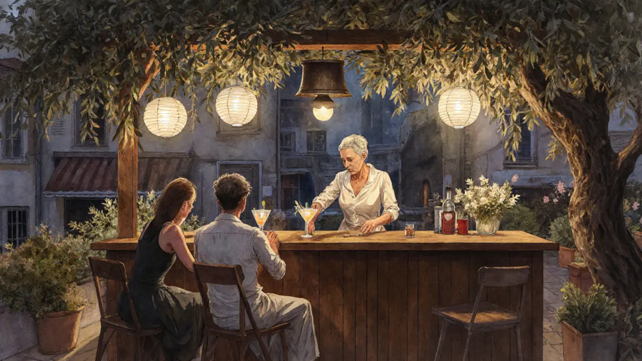A hidden rooftop garden bar with lanterns, olive trees, and a bartender mixing drinks in moonlight.