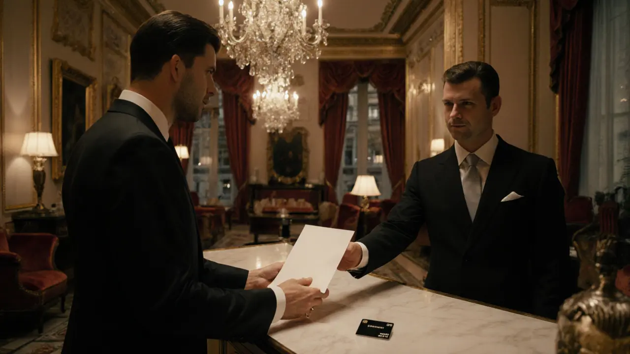 A hotel concierge in Paris handing a sealed envelope to a client in a tailored suit.