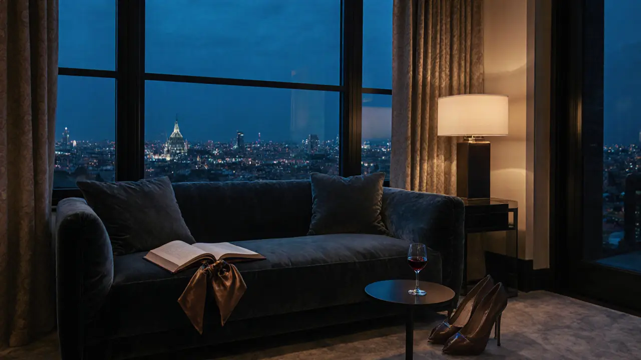 A luxurious hotel suite in Milan with an empty sofa, open book, and wine glass under soft night lighting.