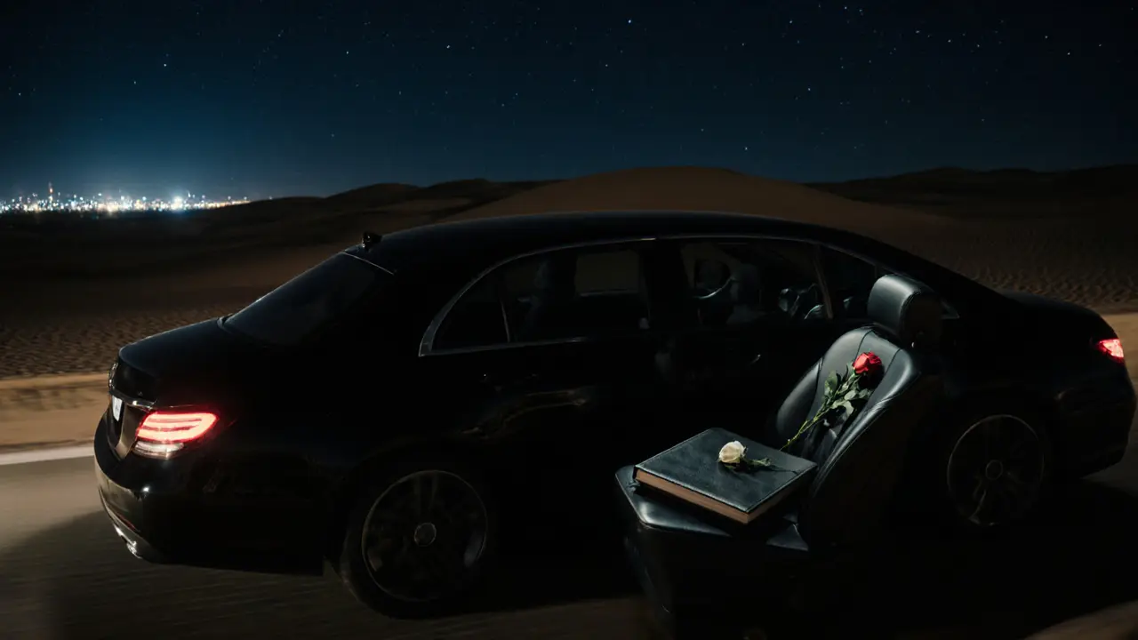 A luxury car drives through the desert at night, a single rose resting on the back seat under moonlight.