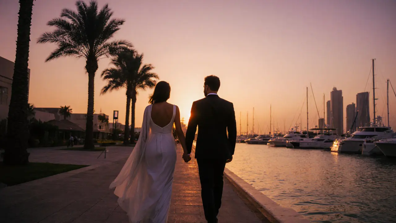 A man and woman walking peacefully along Dubai Marina at sunset, dressed elegantly.
