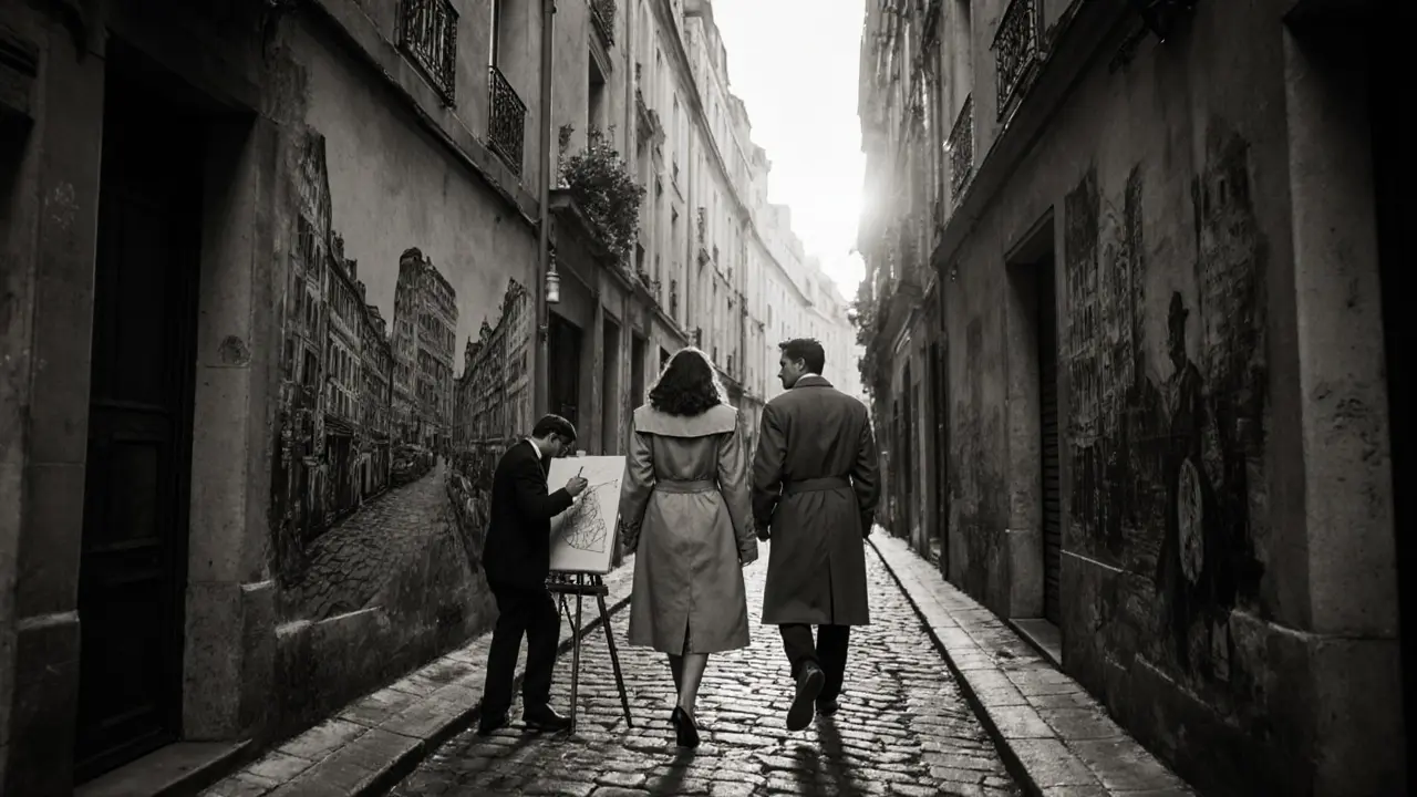 A man and woman walking through a quiet Montmartre alley at sunset, an artist sketching in the background.