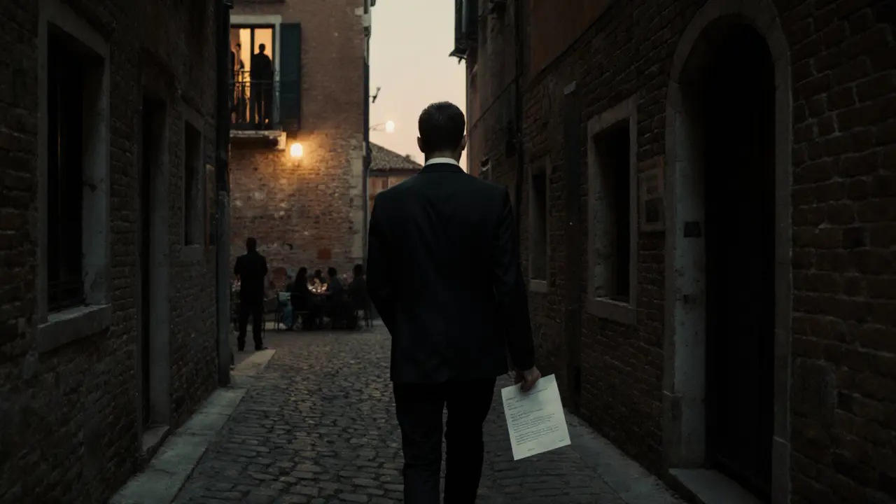 A man walking at dusk in Milan&#039;s Navigli district with a booking confirmation, surrounded by historic buildings and no visible escorts.