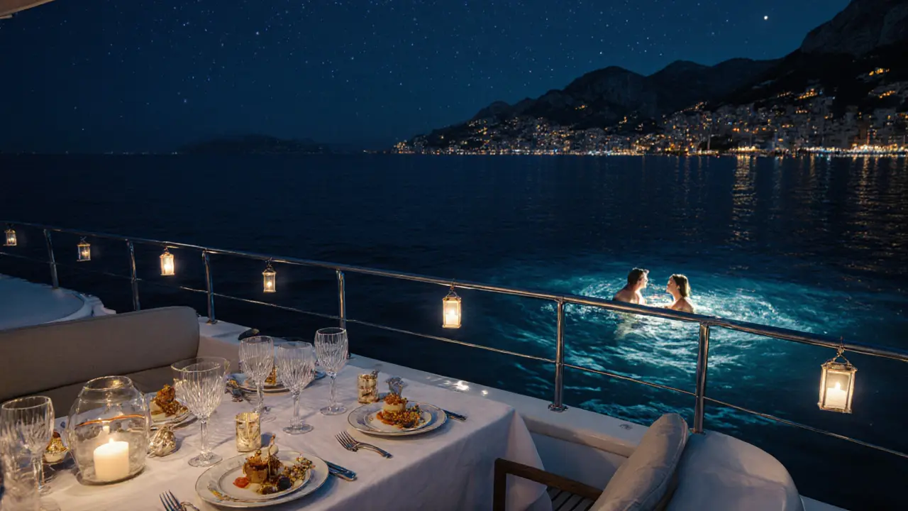 A private yacht at midnight with guests dining under stars and swimming in the calm Mediterranean Sea.