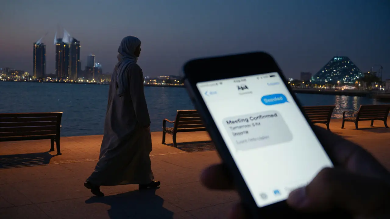 A silhouette walking along Abu Dhabi’s Corniche at dusk, with a phone displaying a confirmed meeting confirmation.