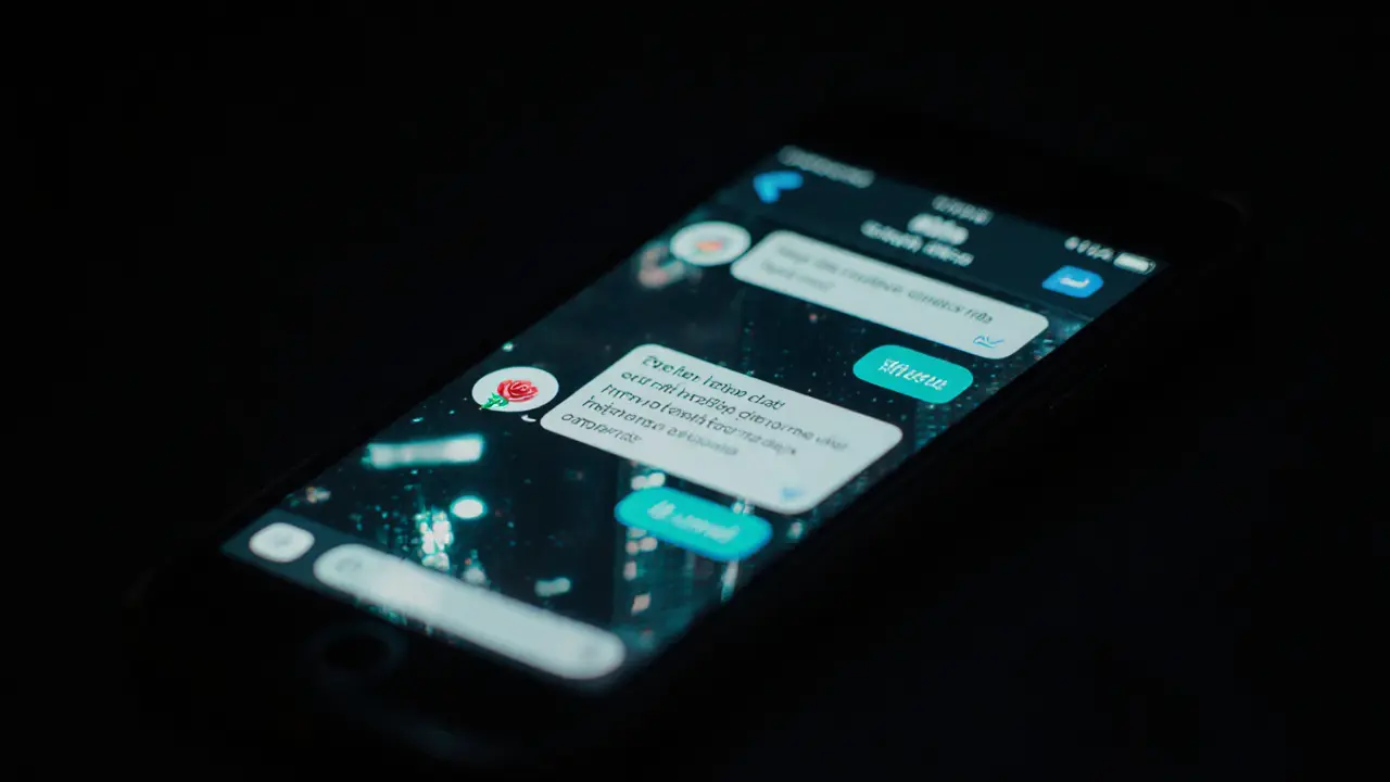 A smartphone screen displays an encrypted chat with a single rose emoji in the dark.
