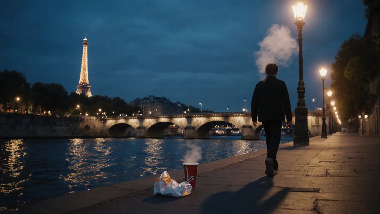 A solitary figure walking along the Seine at dawn, city lights reflecting on the water in quiet solitude.
