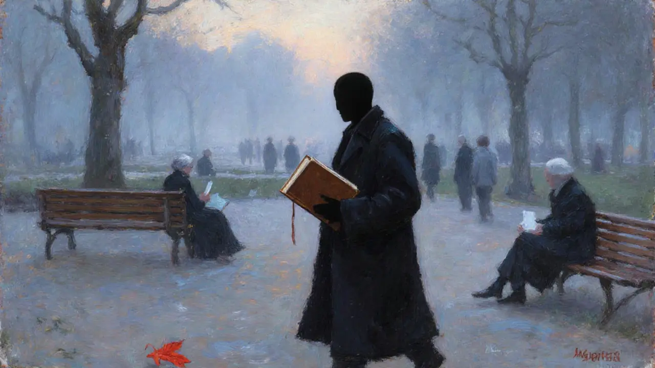 A solitary figure walking through Luxembourg Gardens at dawn, face unseen, lost in thought.