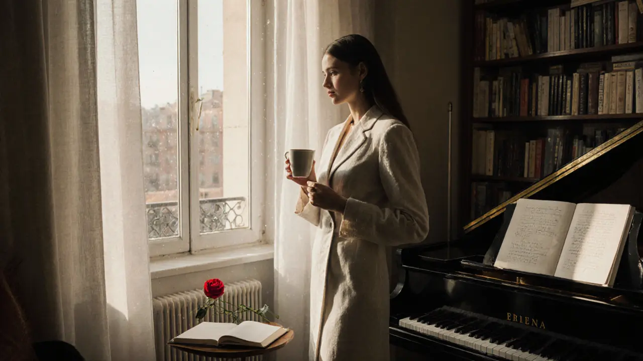 A sophisticated woman in a sunlit Brera apartment, surrounded by books and art, holding an espresso cup.