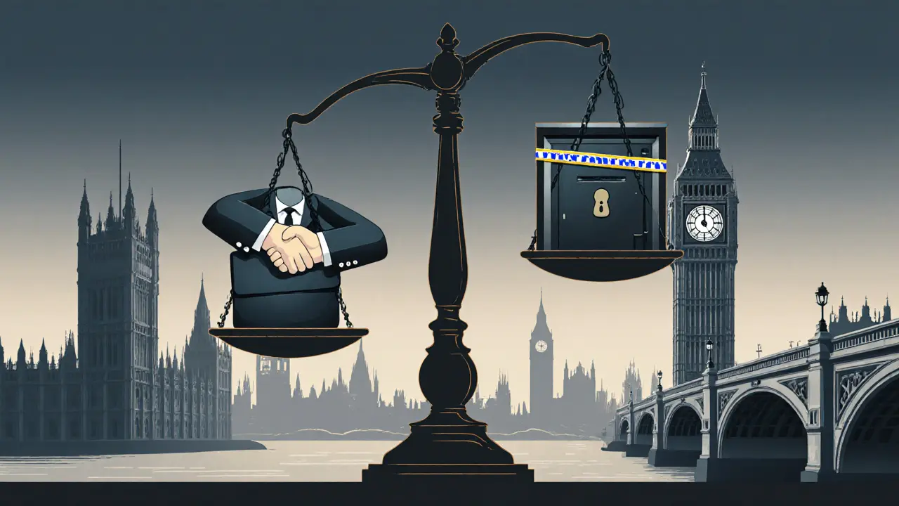 A symbolic balance scale representing legal companionship versus illegal activity in London.