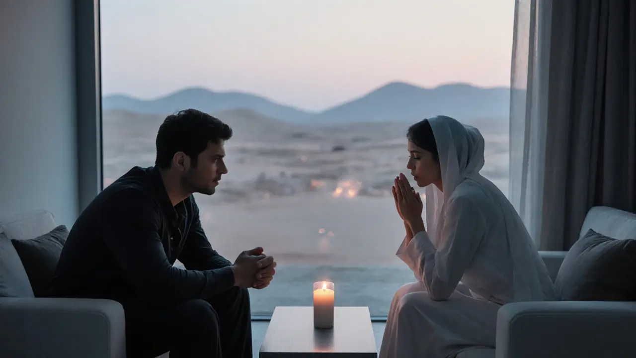 A woman gently mirroring a tense client&#039;s posture in a serene Emirati sitting room.