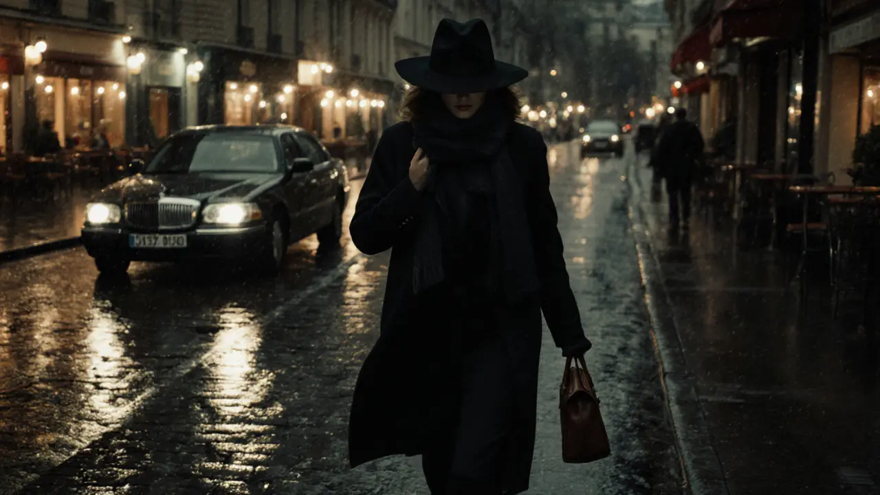 A woman in a black coat walks down a rainy Paris street at night, face hidden, a car waits ahead.