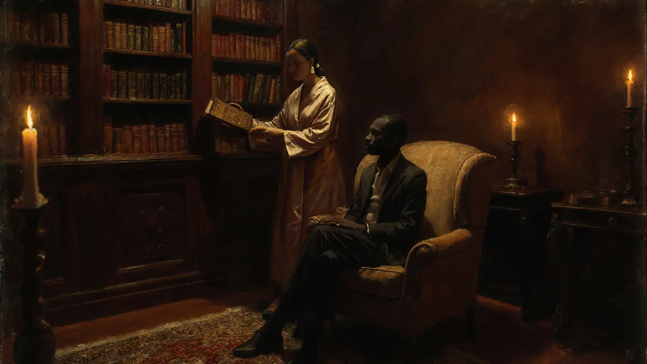 A woman in silk stands beside a hidden hotel library shelf, candlelight illuminating vintage books and leather furniture.