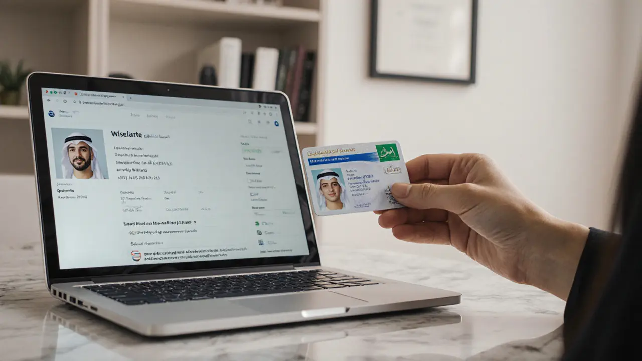 A woman’s Emirates ID placed on a table beside a laptop showing a professional companion profile with listed interests.
