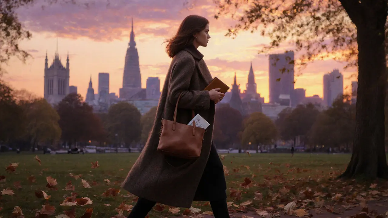 A woman walking peacefully through Hyde Park at sunset, calm and self-possessed.