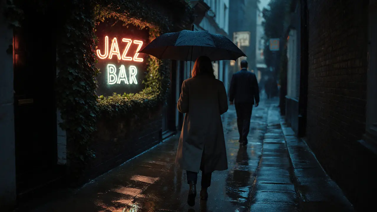 A woman walks alone at night in Notting Hill, guided by the glow of a hidden jazz bar.