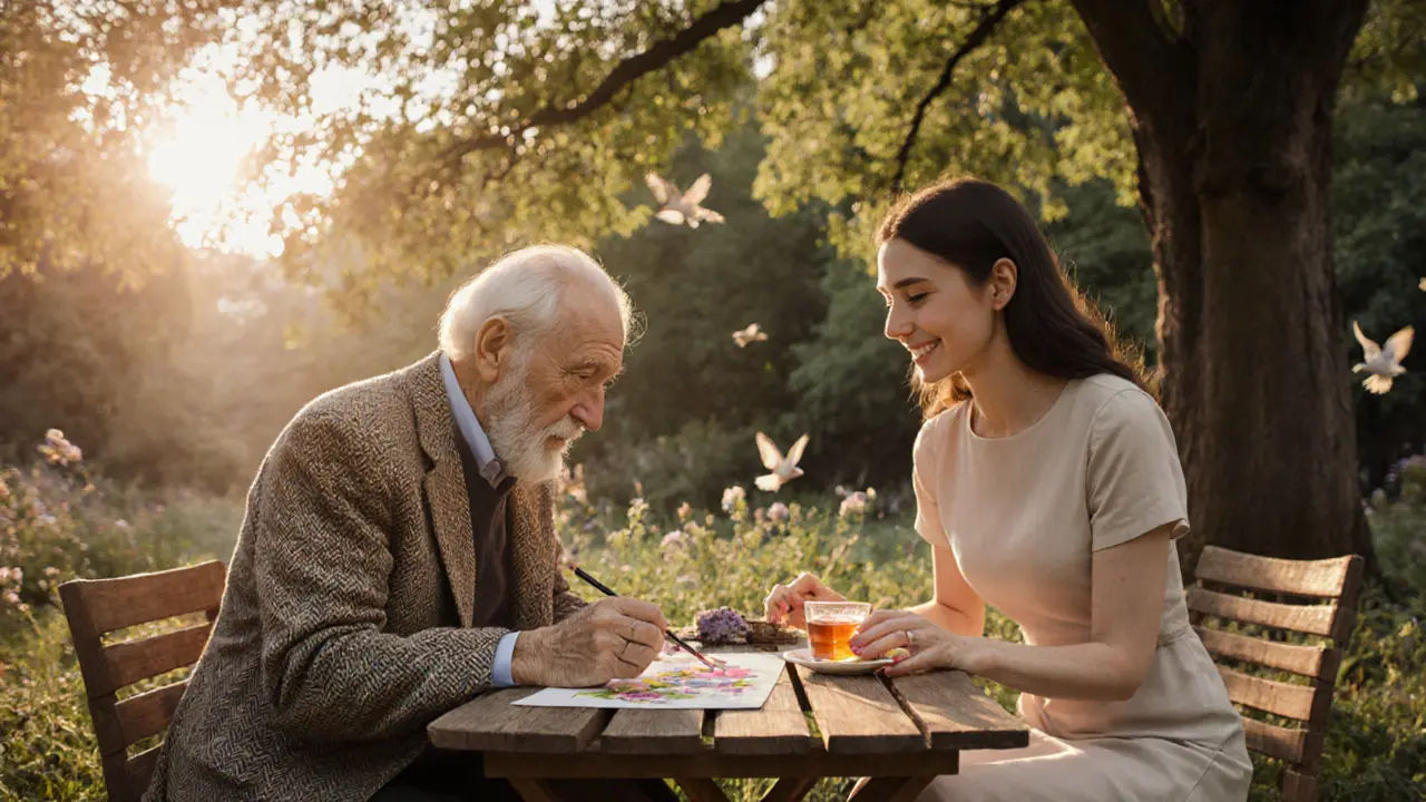 An elderly man paints in a sunlit garden as a woman quietly places tea beside him.