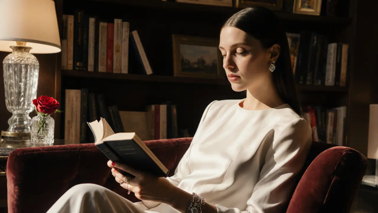 An elegant companion sits reading in a luxurious hotel lounge, surrounded by art books and soft natural light.