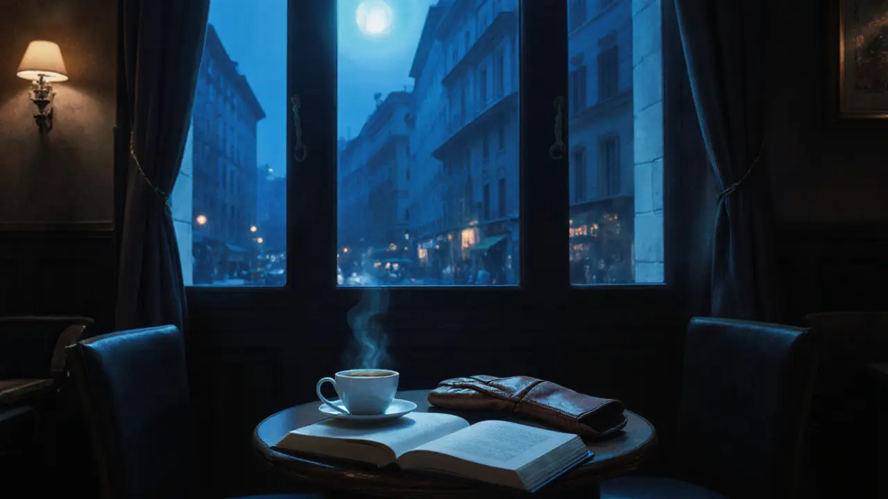 An empty café at dawn with a steaming espresso and open book, bathed in moonlight.