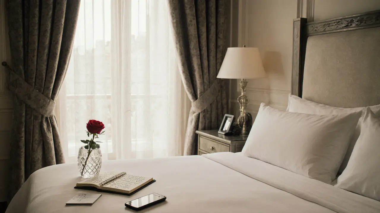 An empty five-star hotel room at dawn with a journal, rose, and burner phone on the nightstand.