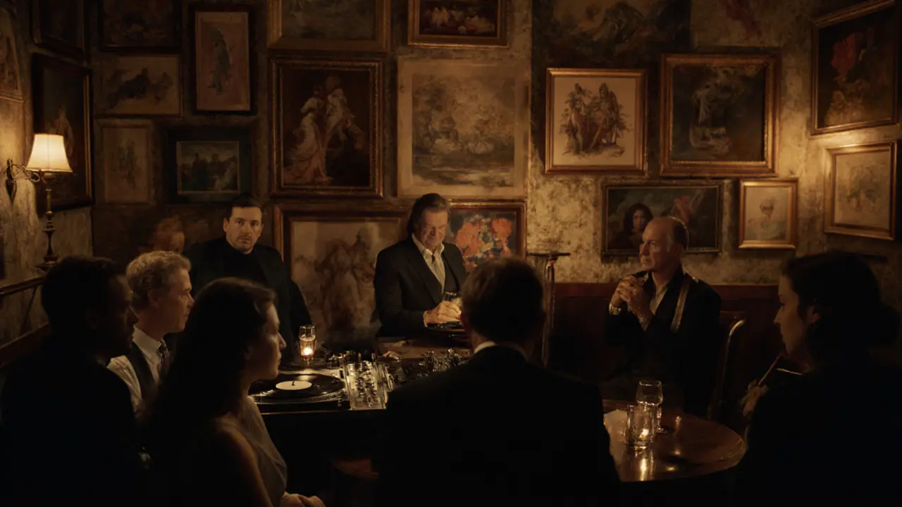 An exclusive hidden club with vintage art on the walls, patrons in elegant attire listening to vinyl in soft amber light.