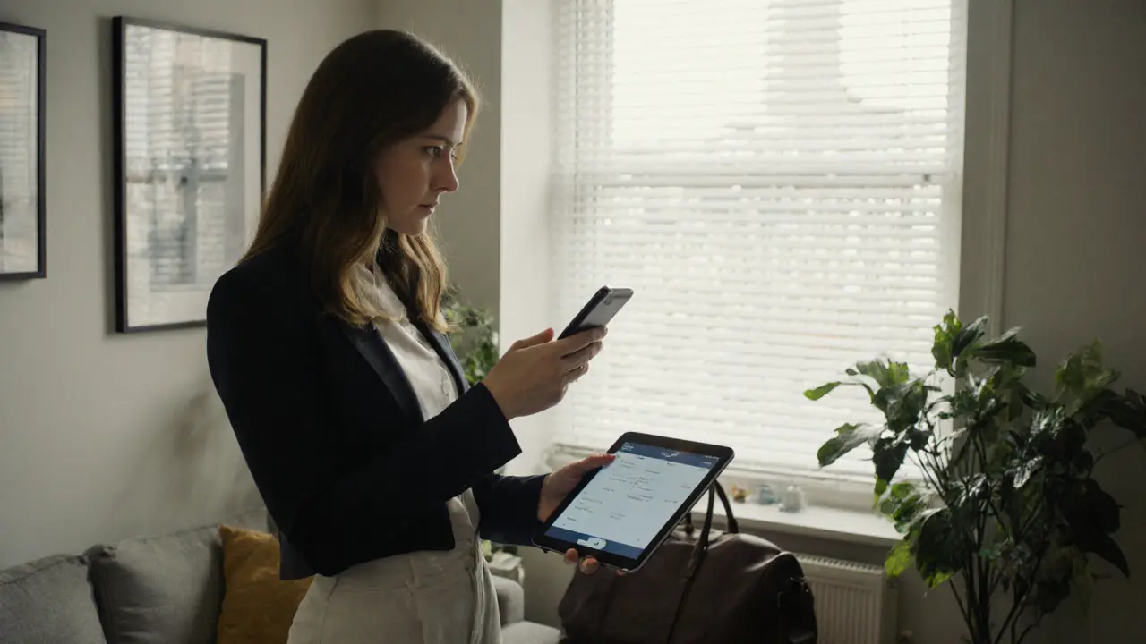 An independent escort preparing for a meeting with a safety app visible on a tablet.