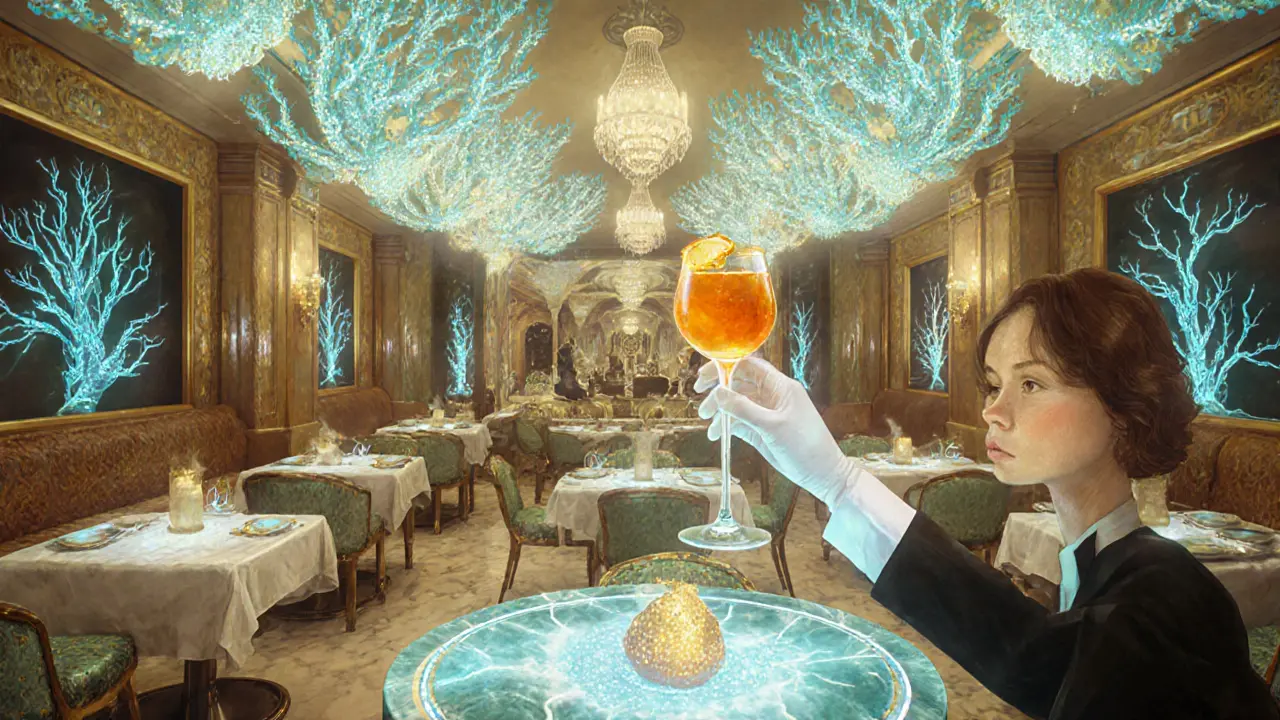 An opulent Art Deco lounge with coral chandeliers and glowing tables, a server offering a golden cocktail in crystal glass.