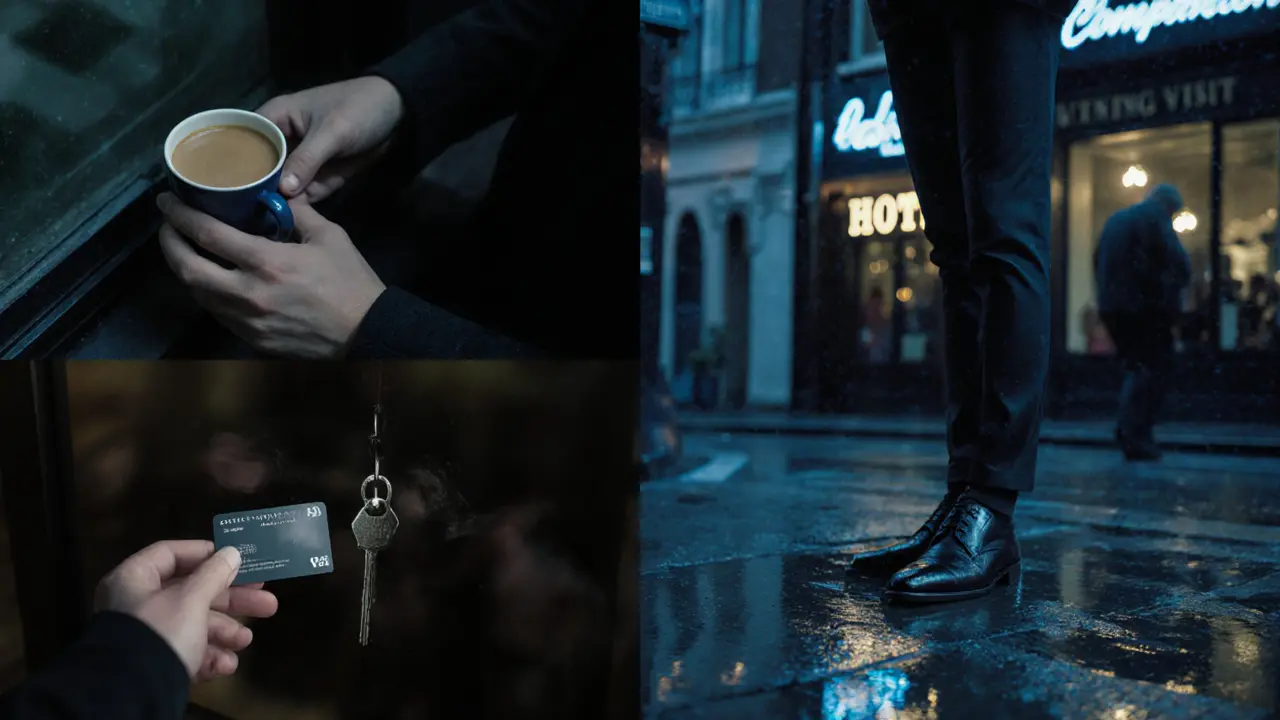 Anonymous hands in a rainy London alley, a hotel keycard and coffee cup on wet pavement.