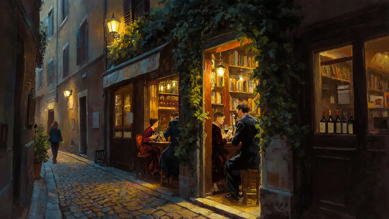 Cozy Brera alley at night with a hidden bar glowing softly behind a bookshop, patrons in velvet clothing.