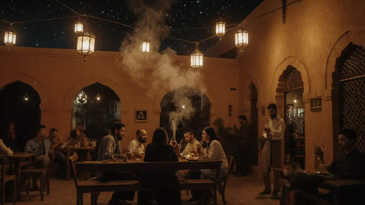 Cozy courtyard at Al Fanar with shisha, lanterns, and people sharing Emirati food under the stars