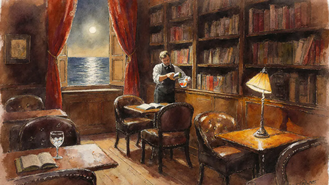 Cozy hidden bar with single bartender pouring a cocktail, warm light, no music, ocean glimpse.