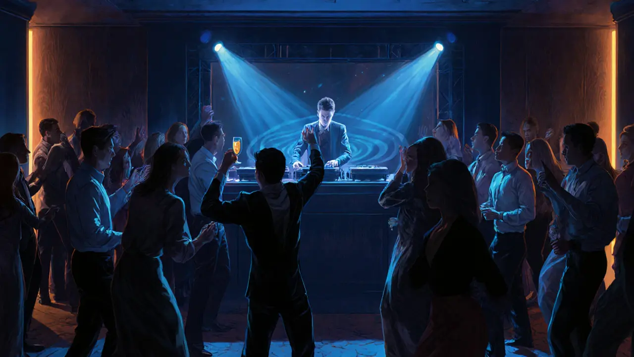 Crowd dancing quietly at Club 55, dim lighting, sophisticated attire, no logos or phones.